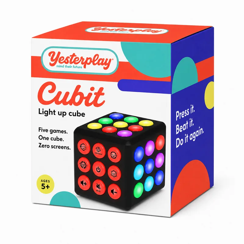 Cubit in its box: Five games. One cube. Zero screens.
